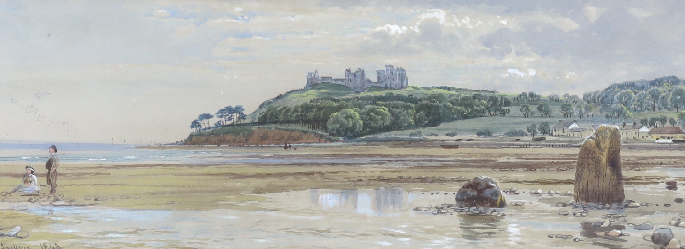 J.P. Jackson (19th. C), watercolour, Welsh coastal landscape, signed and dated 1863, 17 x 46cm